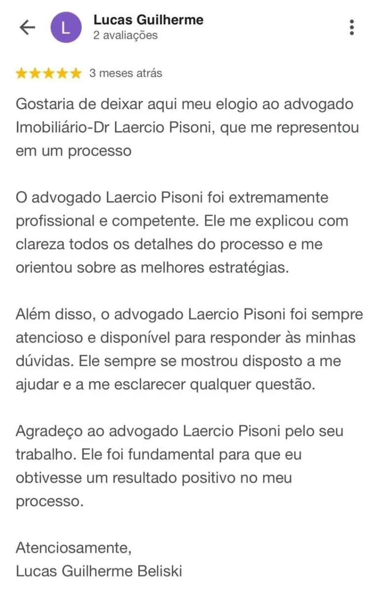Depoimento de Lucas Guilherme sobre Laercio Pisoni Advocacia Imobiliária e Patrimonial